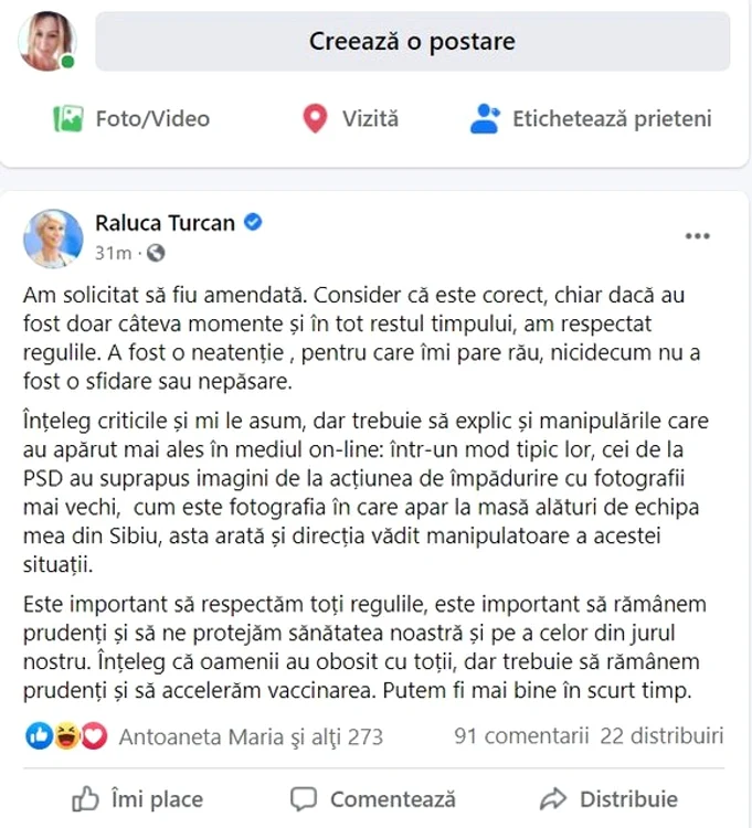 Raluca Turcan își recunoaște vinaSursa foto: Facebook/raluca Turcan