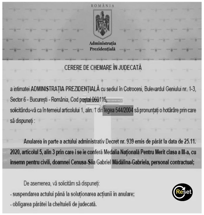 Cererea de chemare în instanță pentru retragerea Medaliei Națională „Pentru Merit” clasa a III-a