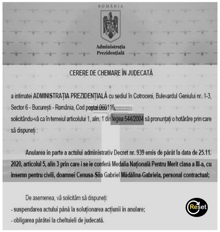 Cererea de chemare în instanță pentru retragerea Medaliei Națională „Pentru Merit” clasa a III-a 