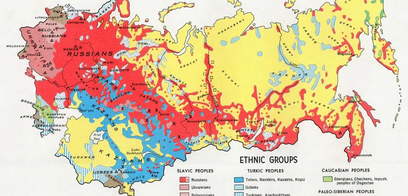 Harta etnică a fostei Uniuni Sovietice care arată slăbiciunile demografice ale actualei Federaţii Ruse.