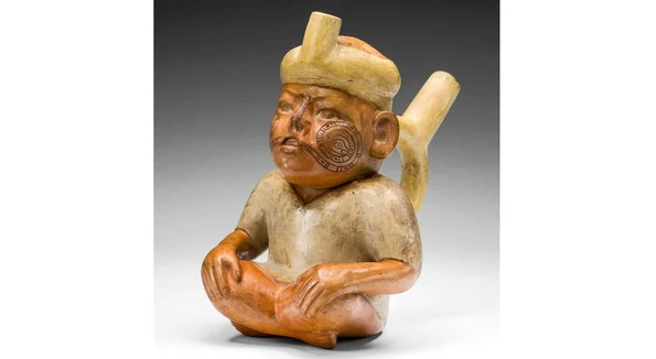 Un vas ceramic din jurul anilor 100-500 d.Hr., atribuit culturii peruviene Moche, care înfățișează un bărbat cu buză despicată (© The Art Institute of Chicago. CC0 Public Domain Designation)