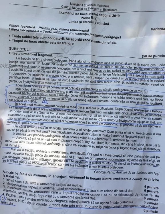 Subiecte la proba de Limba și literatura română, Bacalaureat 2019