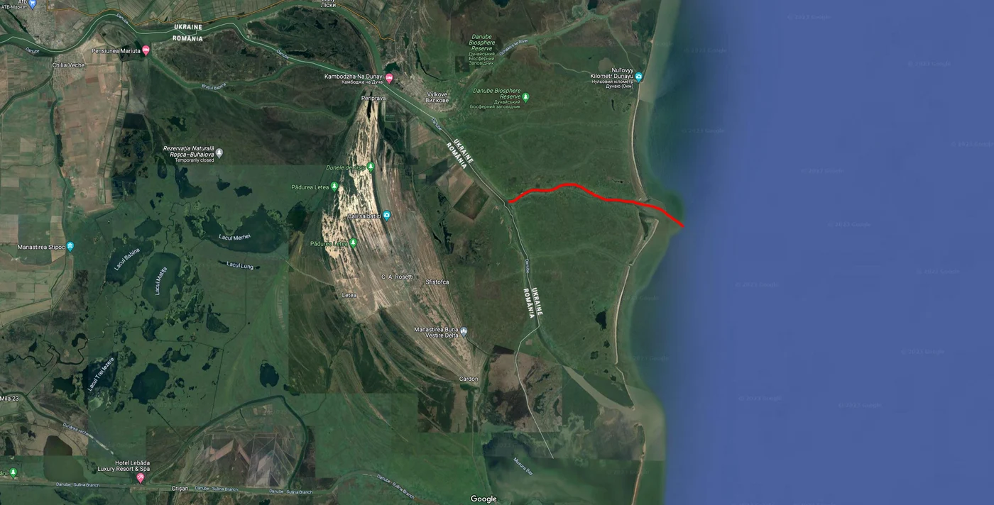 Canalul Bîstroe se află în totalitate pe teritoriul Ucrainei. FOTO: captură Google Maps