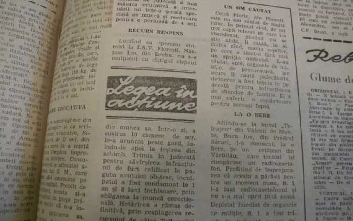 „Legea în acţiune“, rubrica cu infracţiuni din „Flamura Prahovei“. FOTO Dana Mihai - arhive Biblioteca judeţeană Nicolae Iorga Ploieşti