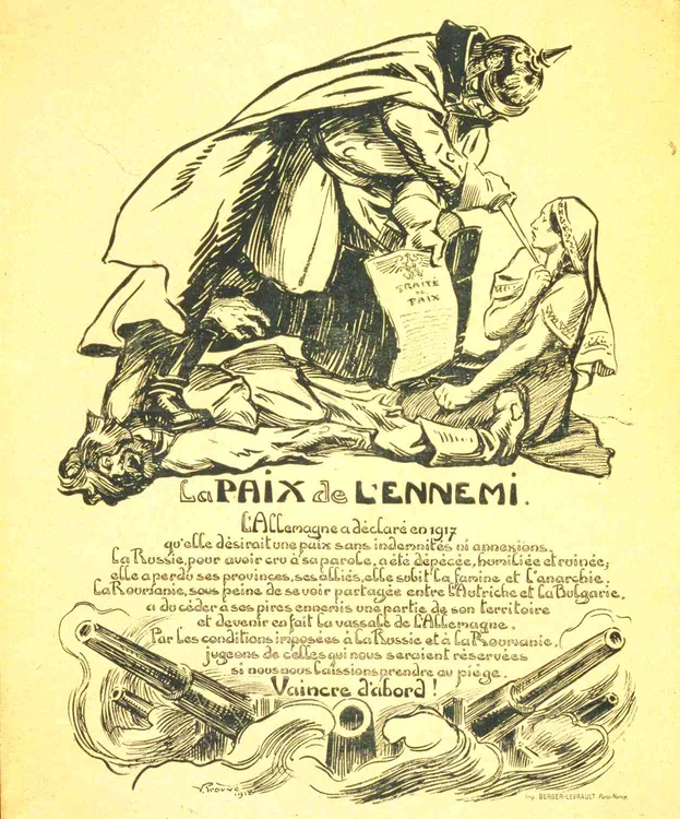 Reprezentare alegorică realizată de Aliați a Păcii de la Bucureşti, 1918: Kaiserul german calcă pe cadavrul Rusiei şi ţine un pumnal la gâtul României, obligând-o să semneze tratatul de pace, „pacea duşmanului“