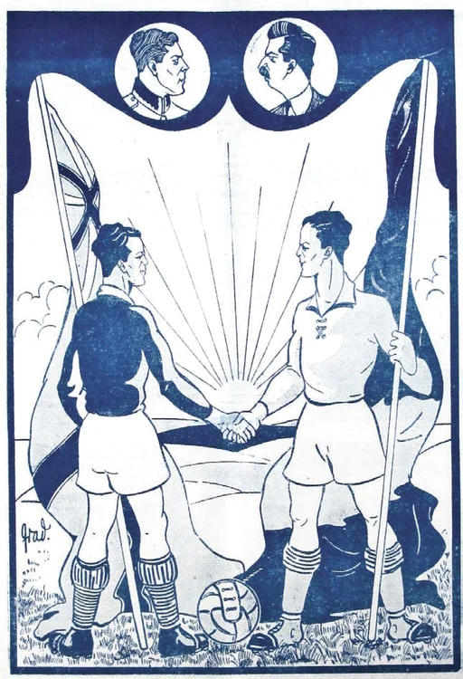 „Leicester City joacă azi cu Venus”, anunţă „Gazeta Sporturilor” şi publică o ilustraţie reprezentativă: jucătorii celor două echipe sunt vegheaţi de George al VI-lea, respectiv Carol al II-lea