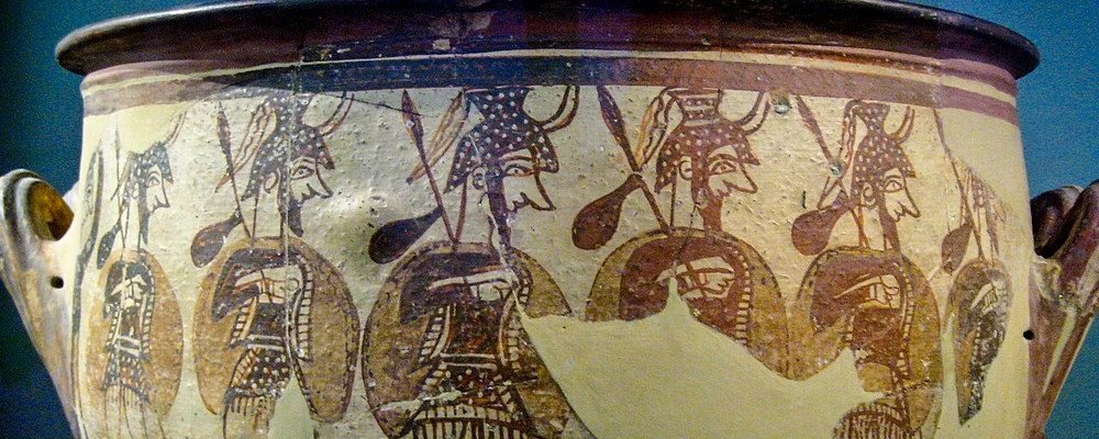 Bărbați în armură pe un vas micenian din secolul al XII-lea î.Hr. 