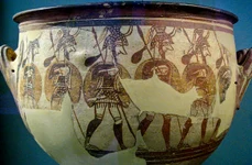 Bărbați în armură pe un vas micenian din secolul al XII-lea î.Hr.