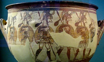 Bărbați în armură pe un vas micenian din secolul al XII-lea î.Hr. 
