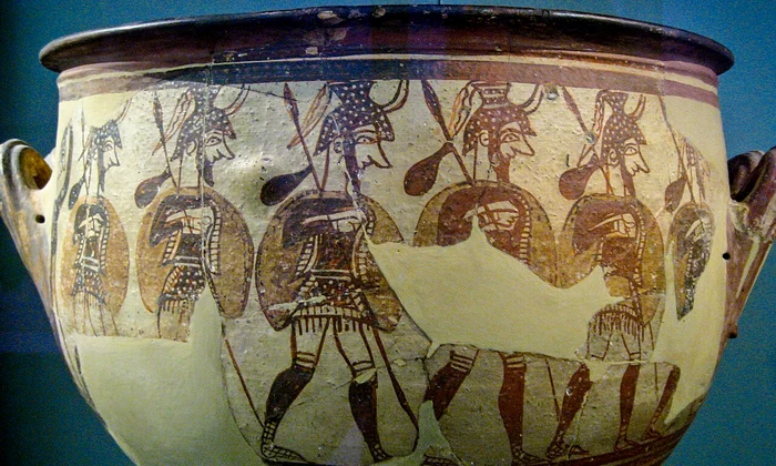 Bărbați în armură pe un vas micenian din secolul al XII-lea î.Hr.