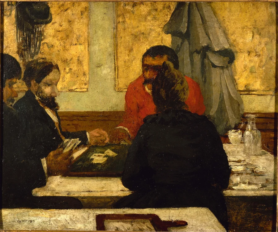 Jocul de cărţi,  îndeletnicire comună în cafenelele timpului (pictura lui Charles Cottet,  1883,  colecţia Muzeului Orsay)