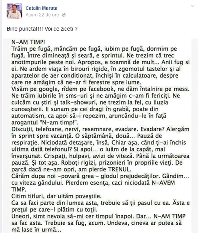 Textul Simonei Gherghe a fost postat de Cătălin Măruţă pe contul lui de socializare