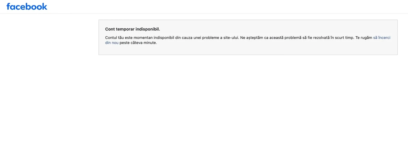 Facebook afișează mesajul „Cont indisponibil temporar”