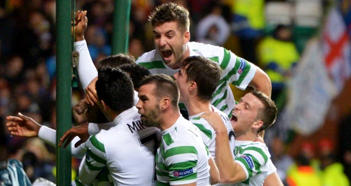 Jucătorii lu Celtic se bucură după succesul în faţa Barcelonei (2-1, 7 noiembre 2012), în grupele Ligii Campionilor. Foto: www.skysports.com