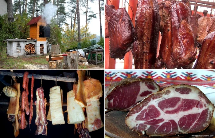 colaj de imagini cu o afumătoare, dar și cărnuri afumate