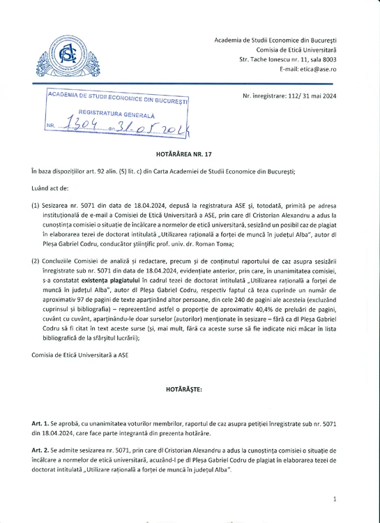 Decizia Comisiei de Etică Universitară din cadrul Academiei de Studii Economice. FOTO abnews.ro