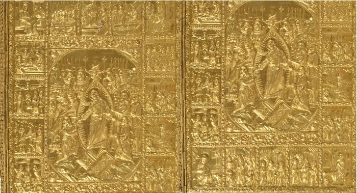 Evanghelia greco-română, de la 1693, a Mănăstirii Horezu, în coperţi de aur, comandată de Constantin Brâncoveanu