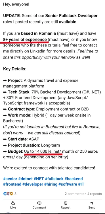 Anunțul de angajare. Sursa: Reddit.com
