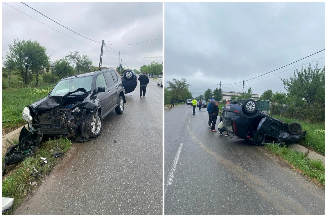 Mașina condusă de femeie s-a răsturnat FOTO: martor