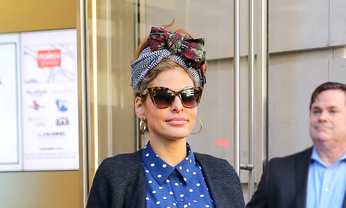 Eva Mendes wore a blue polka dot jumpsuit while leaving an office building in New York City jpeg