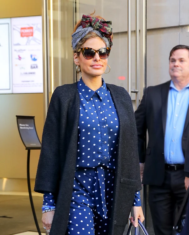 Eva Mendes wore a blue polka dot jumpsuit while leaving an office building in New York City jpeg