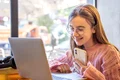 happy teenage girl is working laptop distance education jpg