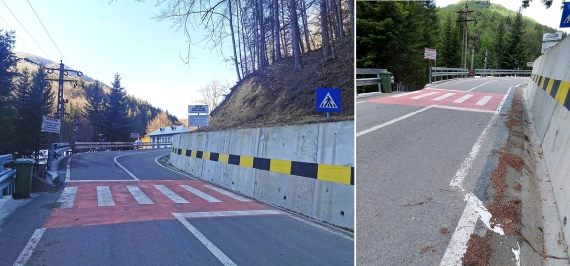 Trecerea de pietoni care se opreşte într-un zid de pe drumul Athosului românesc în Vâlcea - fără şi cu marcaj pietonal  Foto colaj