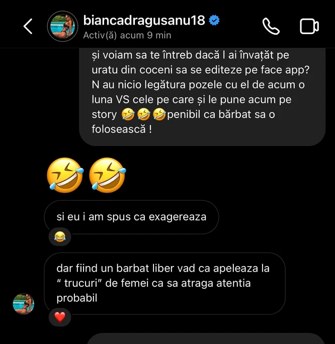 Discuția Biancăi cu o internaută / foto: Instagram