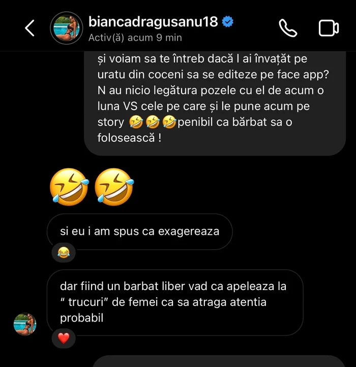 Discuția Biancăi cu o internaută / foto: Instagram