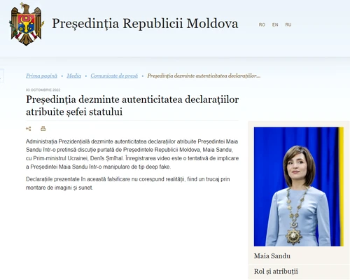 Captură foto cu dezmințirea Președinției de la Chișinău
