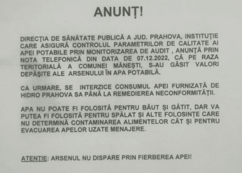 Apă cu arsenic la robinet în Prahova. Primăria unei comune a anunțat abia după 8 zile de la descoperire