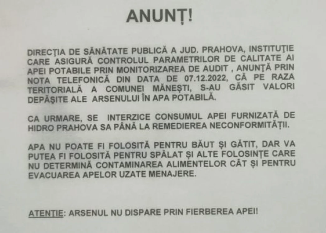 Anunțul postat de primăria din Mănești FOTO Facebook primăria Mănești