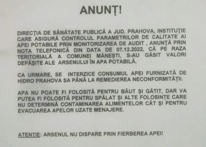 Anunțul postat de primăria din Mănești FOTO Facebook primăria Mănești