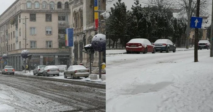 În jurul orei 15.00, în timp ce pe strada „A.I. Cuza“ se vedea asfaltul, pe „Sfinţii Apostoli“ puteai măsura stratul de zăpadă cu rigla