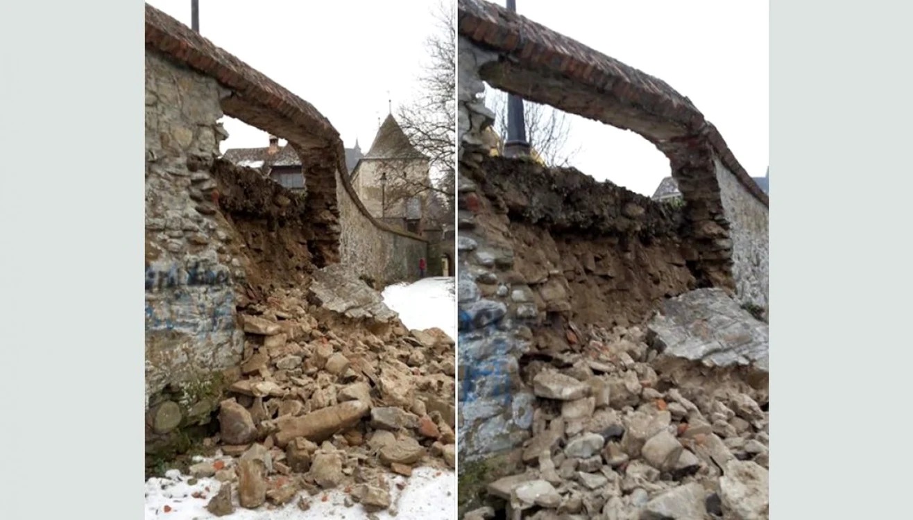 O parte din zidul cetăţii s-a prăbuşit în timpul nopţii. Foto: Facebook / Nicolae Nyku