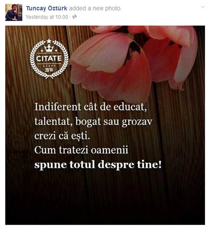Acesta este mesajul pe care Tuncay Ozturk, soţul Andreei Marin, l-a postat pe Facebook, duminică dimineaţă