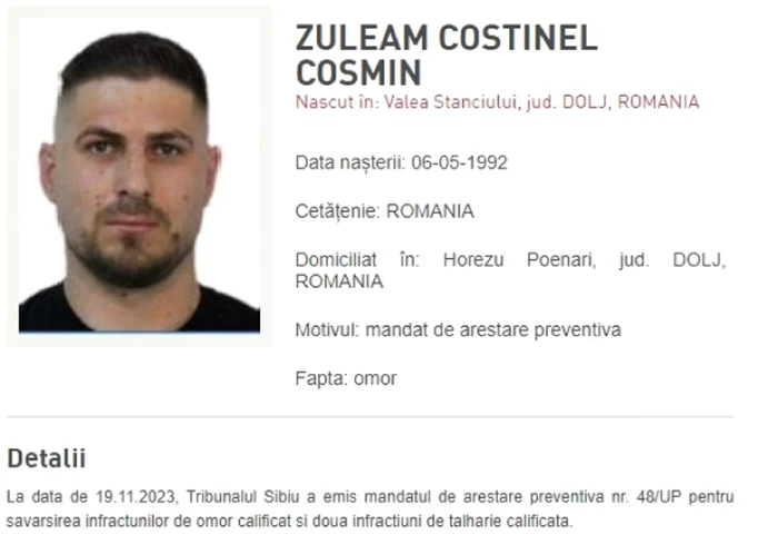 Cosmin Zuleam unul dintre ucigașii afaceristului sibian Adrian Kreiner Sursă Poliția Română