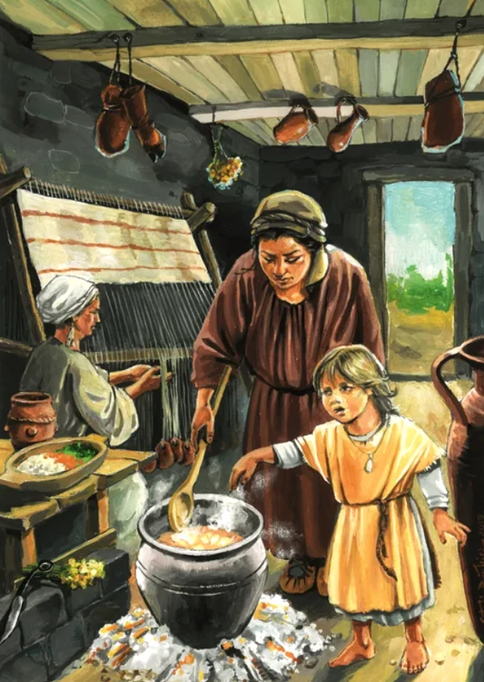 Activități domestice: gătitul și țesutul la război vertical | ILUSTRAȚIE DE CĂTĂLIN DRĂGHICI