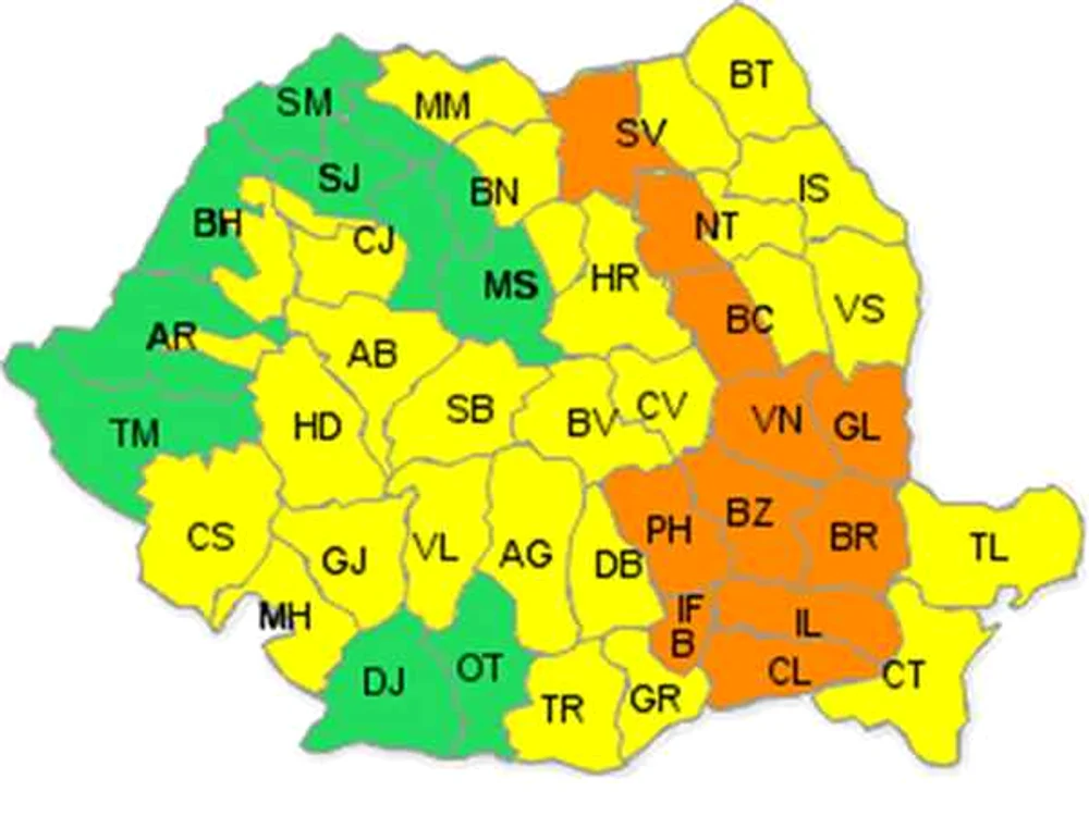 Cod portocaliu de ploi şi vijelii în 11 judeţe şi Bucureşti.