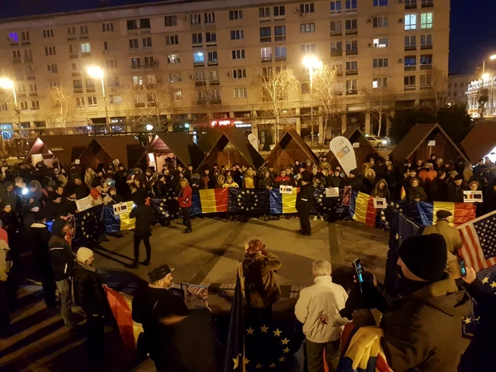 Protestatarii au făcut un şir din steaguri. FOTO Adevărul