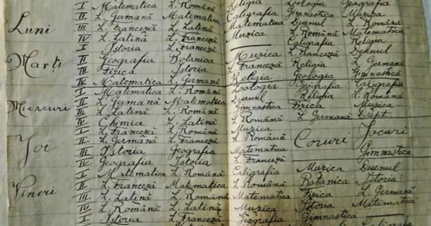 Orarul materiilor pe care elevii de gimnaziu din Târgu Jiu le studiau în anul 1917