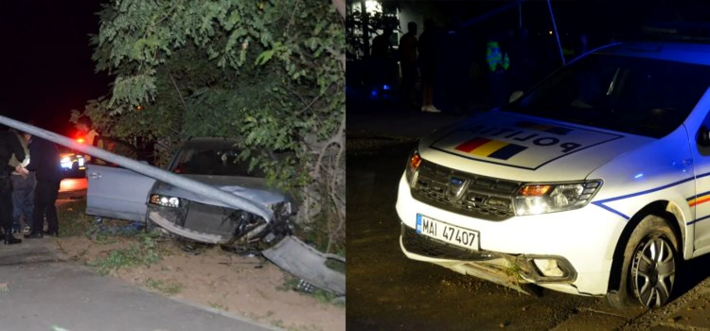 Maşină de poliţie şi autoturismul unui fugar avariate în timpul unei urmăriri în SIbiu Foto Sibiul Independent 
