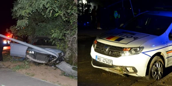Maşină de poliţie şi autoturismul unui fugar avariate în timpul unei urmăriri în SIbiu Foto Sibiul Independent 