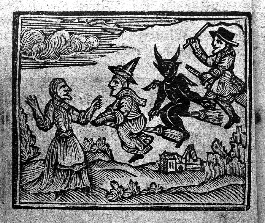 Vrăjitoare pe mături, în „Istoria vrăjitoarelor și vrăjitorilor” din 1720