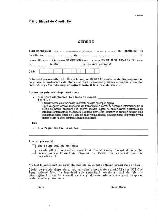 Aşa arată solicitarea pe care trebuie s-o trimiţi la Biroul de Credit