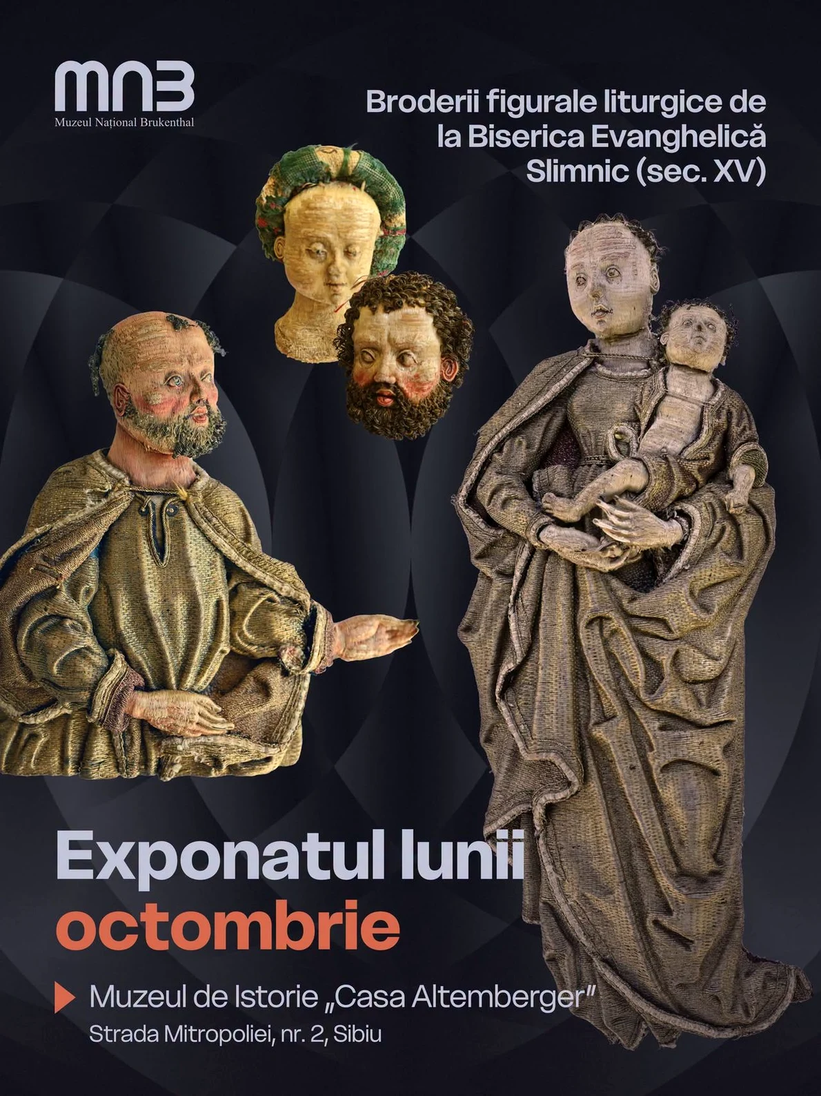 Figurinele sfinților de pe crucea dorsală a casulei Bisericii Evanghelice Slimnic, expuse la Muzeul de Istorie „Casa Altemberger”