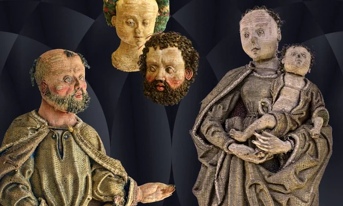 Figurinele sfinților de pe crucea dorsală a casulei Bisericii Evanghelice Slimnic, expuse la Muzeul de Istorie „Casa Altemberger”