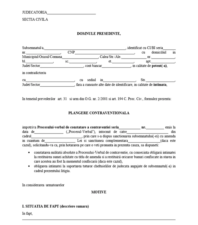 Model de contestație a amenzii