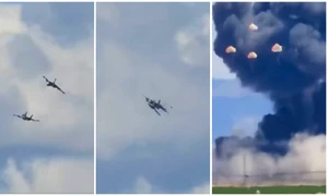 Coliziune între două avioane militare americane la un show aviatic din Idaho, SUA. Toți cei patru membri ai echipajului s-au catapultat în siguranță FOTO captura video X/@Breaking911