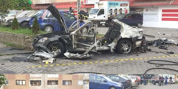 Masina explodata parcare supermarket Arad FOTO aradon.ro